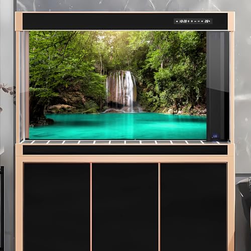 Jungle Waterfall Aquarium Background Lush Green Rainforest Rocks Terrarium Background Falls Green Plants Natural Landscape Fish Tank Background Lake Stream Waterfall Reptile Background 24x12in - color: Turquoise, size: 24(W)x12(H)in