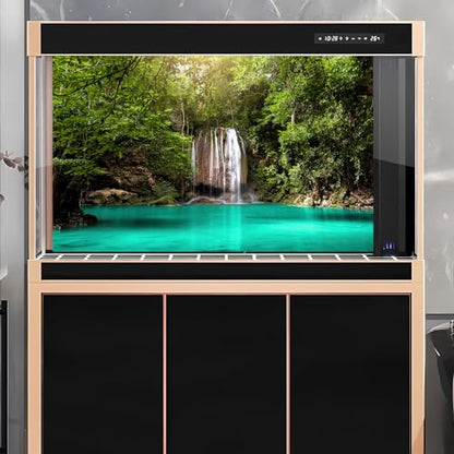 Jungle Waterfall Aquarium Background Lush Green Rainforest Rocks Terrarium Background Falls Green Plants Natural Landscape Fish Tank Background Lake Stream Waterfall Reptile Background 24x12in - color: Turquoise, size: 24(W)x12(H)in