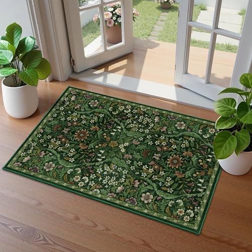 Floral 2x3 Entryway Rug Washable Door Mat Indoor Throw Rug,Green | Non Slip, Low Pile Door Mat, Washable, Boho Carpet, Green Botanical Print, for Bathroom, Kitchen, Laundry, Indoor Entrance - color: Dark Green, size: 2' x 3' (Rectangular)