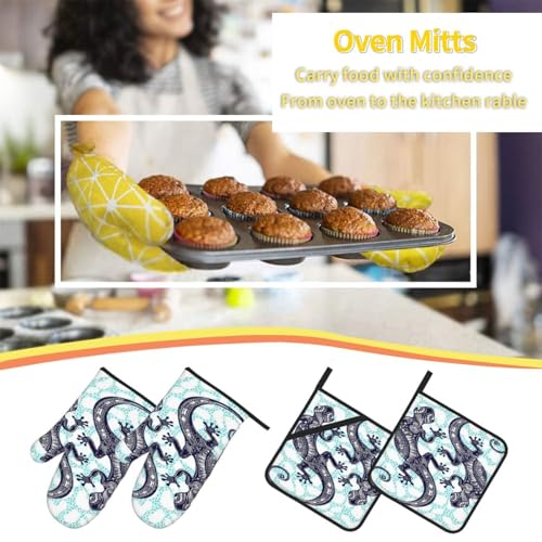 Gecko Lizard Abstract Reptile Animal 4-Piece Oven Mitts and Handle Covers Set - Heat Resistant Baking Gloves for Kitchen BBQ Grilling