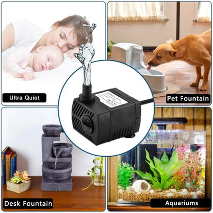 90 GPH Mini Submersible Pump, Small Fountain Pump (5W 350L/H) for water feature, Aquariums, Fish Tank, Tabletop Fountain, Pet Fountain, Indoor or Outdoor Pond Fountain (AC Powered)