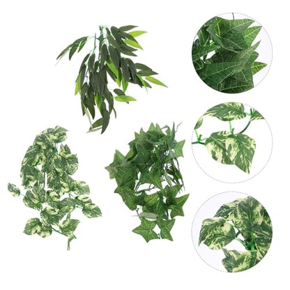 LIOOBO 3pcs Reptile Terrarium Plant Set, Realistic Green Vine Leaves Decoration, 12-inch Leaf and 30cm Faux Plants for Lizard Gecko Snake Habitat