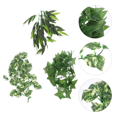 3pcs Reptile Plants Leaf Decoration Set Realistic Green Vine Leaves 12-inch Two 30cm Tropical Plant Stems Terrarium Habitat Ornament for Lizards Snakes and Geckos