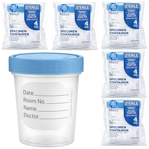 Vakly Sterile 4 oz Specimen Cups with Leak-Proof Lids for Lab Testing, 5 PK | Individually bagged, clear polypropylene, graduated volume markings, urine, stool and specimen collection with ID label