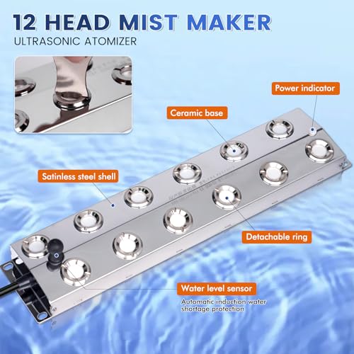 Ultrasonic Mist Maker 12 Heads, 9000mL/H Pond Fogger with 400W Power Supply Buoy Replacement Discs for Pond, Garden, Rockery, Greenhouse,Mushroom Halloween Decoration (12 Heads) - style: 12 Heads