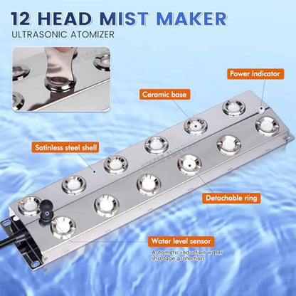 Ultrasonic Mist Maker 12 Heads, 9000mL/H Pond Fogger with 400W Power Supply Buoy Replacement Discs for Pond, Garden, Rockery, Greenhouse,Mushroom Halloween Decoration (12 Heads) - style: 12 Heads