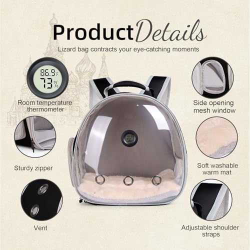 Bearded Dragon Backpack Carrier w/Reptile Thermometer Hygrometer, Clear Bubble Window Astronaut Space Capsule Travel Bag for Leopard Gecko, Ball Python, Lizard, Hermit Crab, Spider, Guinea Pig - color: Black