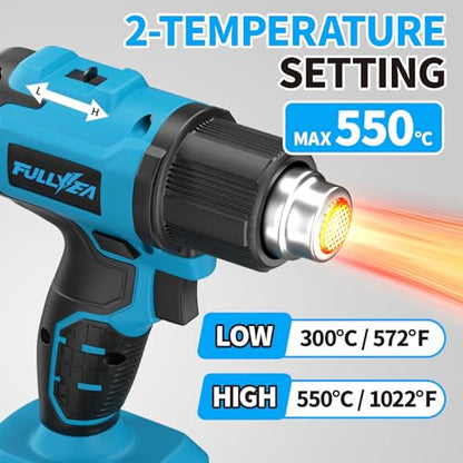 FULLYEA Heat Gun Cordless, Max 1022°F (550°C), Hot Air Gun Kit with 2x4.0Ah Batteries & 5 Nozzles, Lightweight Portable, Battery Heat Gun for Shrink Tubing, PVC Wrap, DIY Craft (Blue)