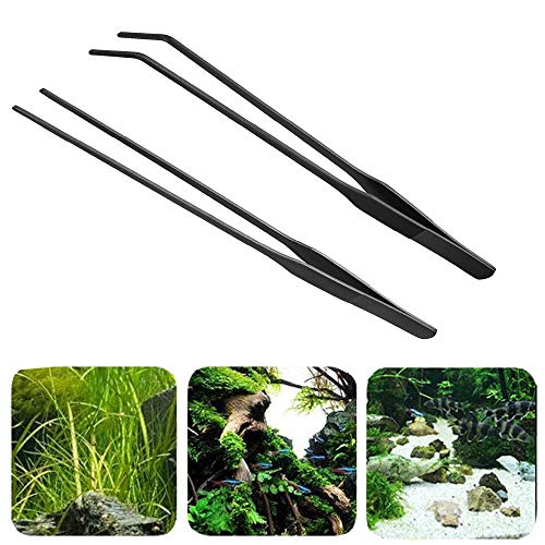 2PCS Aquarium Tweezers Stainless Steel Straight and Curved Tweezers Set Long Handle Reptile Feeding Tongs for Aquatic Plants Lizards Spider Snakes Garden Repairing - 10.6inch, Black - color: 10.6"/Black