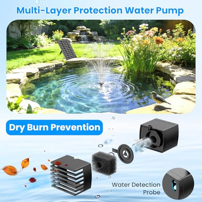 Antfraer 7W Solar Fountain Pump with 3600mAh Battery Backup & Pond Filter, Solar Water Fountain Pump with 8 Nozzles & PVC Tubing, Solar Fountain for Bird Bath, Small Ponds, Waterfall, Hydroponics - style: 7W （Built-in Battery）