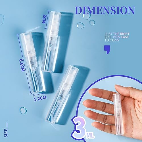 Fandamei 3ml Mini Spray Bottle, 10 Pack 3ml Mini Clear Plastic Spray Bottle Empty, Fine Mist Refillable Mini Perfume Bottle, Perfume Atomizer, Small Empty Sample Containers for Travel Portable - size: 3ml