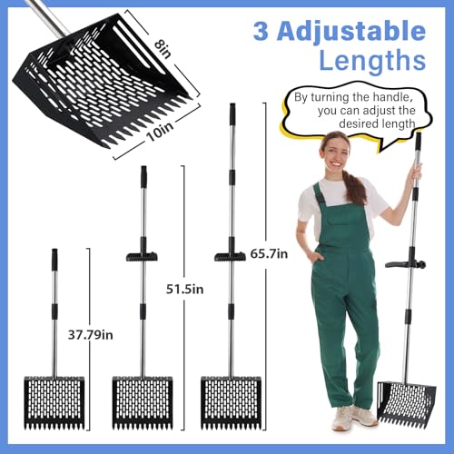 2-in-1 Chicken Poop Scooper & Rake, 10 Inch Coop Sand Sifting Shovel with 37" to 65" Adjustable Stainless Steel Handle, Litter Cleaning Tools with Gloves for Chicken Coop Farm Animals (Black) - color: Black