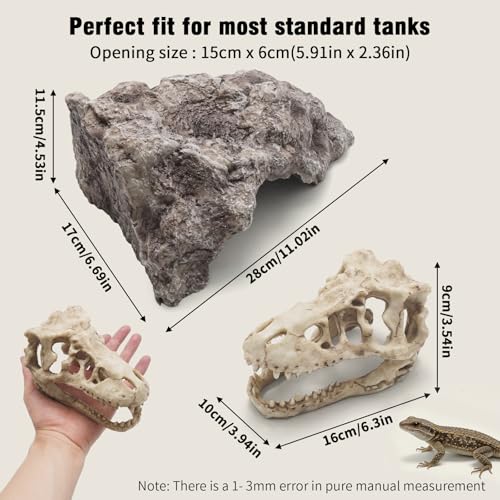 Anxingo Reptile Rock Reptile Cave Hideout for Snakes/Geckos/Lizards/Turtles and Other Amphibians, with Dinosaur Skull (Large) - size: L