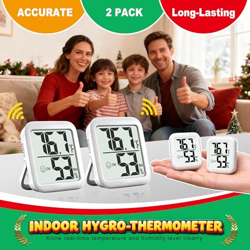 2 Pack Room Thermometer Indoor Hygrometer | Monitor Temperature & Humidity, Accurate, Fast Read, Easy To View, Magnetic/Kickstand/Hanging, ℉/℃, w/ Battery, Compact - color: 2 Pcs * Classic White ( 90%+ Choice for Home )