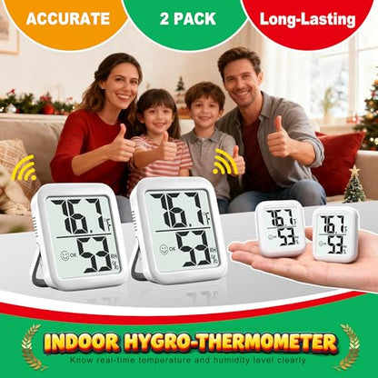 2 Pack Room Thermometer Indoor Hygrometer | Monitor Temperature & Humidity, Accurate, Fast Read, Easy To View, Magnetic/Kickstand/Hanging, ℉/℃, w/ Battery, Compact - color: 2 Pcs * Classic White ( 90%+ Choice for Home )
