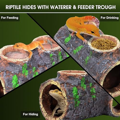 MECESOR Magnetic Reptile Hide with Waterer & Feeder Trough,Resin Hollow Tree Gecko Hideout Cave,Non-Toxic Climbing Toy Terrarium Decor for Green Anole,Tree Frog Climbing Accessories,Grey