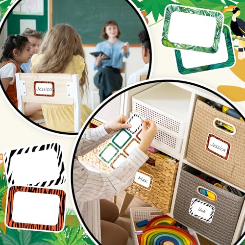 JarThenaAMCS 180 Pcs Animal Print Name Tag Stickers Self-Adhesive Africa Safari Tropical Leaves Nameplates Leopard Label Decals for Back to School Students Teacher Desk Classroom, 3.4 x2.5 Inch - style: Animal Print