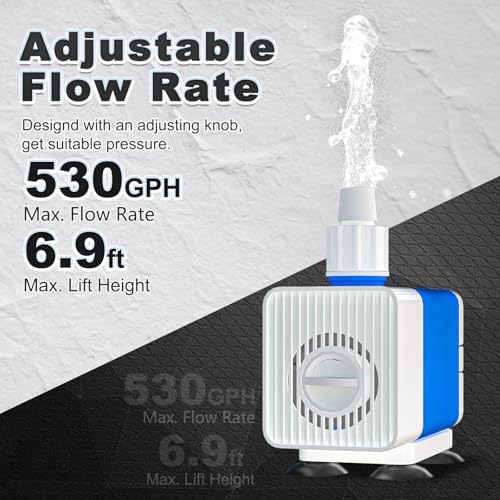 Fountain Pumps 530GPH Submersible Water Pump Outdoor with 6.9ft. High Lift | with 6.5ft. Power Cord, Small Aquarium Water Pump for Ponds, Fountains, Graden, Water feature, Fish Tank - size: 530GPH Adjustable flow