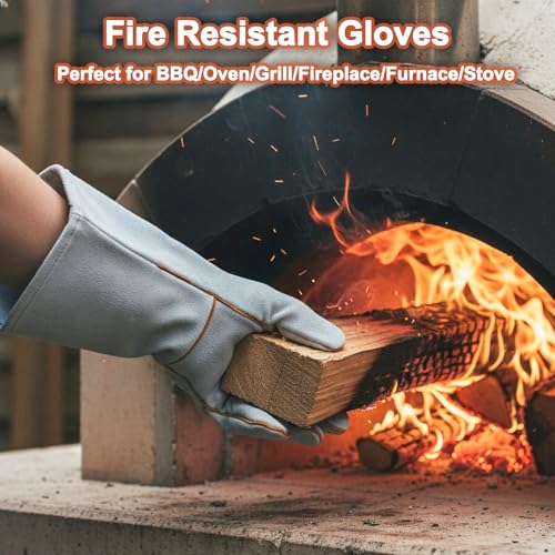 Welding Gloves Heat Resistant Leather Fireproof Gloves 14 In Grey | Welders Gloves for MIG TIG Stick, Grill Gloves Mitts for BBQ,Oven,Forge,Fireplace,Fire Pit,Furnace,Wood Stove,Dry Ice,Baking - color: 14 Inches Grey