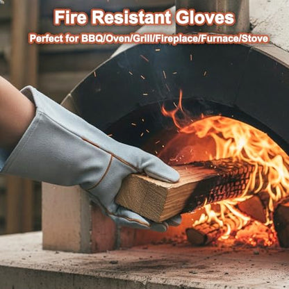 Welding Gloves Heat Resistant Leather Fireproof Gloves 14 In Grey | Welders Gloves for MIG TIG Stick, Grill Gloves Mitts for BBQ,Oven,Forge,Fireplace,Fire Pit,Furnace,Wood Stove,Dry Ice,Baking - color: 14 Inches Grey