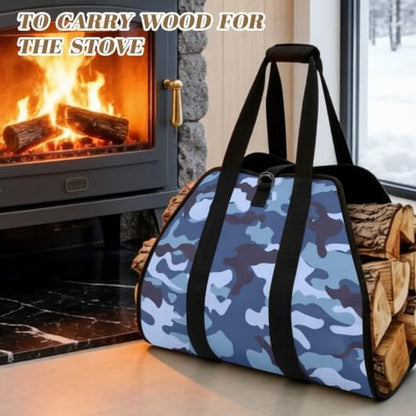 Urban Camo Print Firewood Log Carrier Foldable Wood Sack | with Reinforced Handles, Lightweight Portable, Large Capacity, for Camping and Backyard Parties - color: Navy Light Blue Urban Camo Print