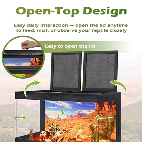 Royxen Bearded Dragon Tank, 30 Gallons Tempered Glass Reptile Terrarium with Metal Mesh Top, 3-Side Clear Anti-Scratch Glass Lizard Tank for Reptile Habitat (Black, 24" Length) - color: Black, size: 30Gal,24x16x16inch