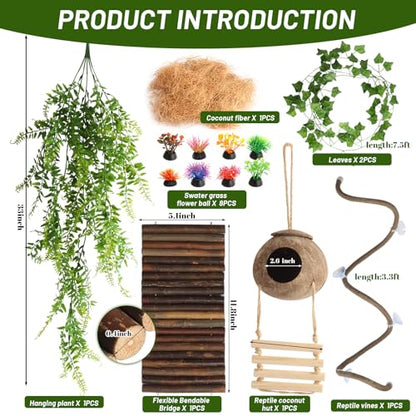 14Pcs Reptile Plants Bridge Vines Leopard Gecko Coconut Hut Crested Gecko Tank Accessories Lizard Coco Den with Ladder for Lizard, Chameleon Cage, Snakes, Hermit Crab