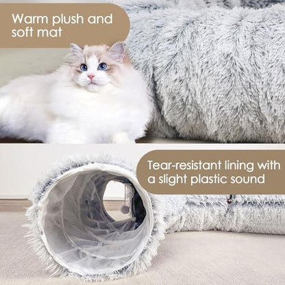Baseola Fuzzy Cat Tunnel Bed for Indoor Cats, 2-in-1 Interactive Cat Toys | Peekaboo Cat Cave with Washable Mat, Collapsible Cat Play Tunnel for Kittens & Small Pets, Plush Cat Donut Bed Tunnel, Grey - color: Grey