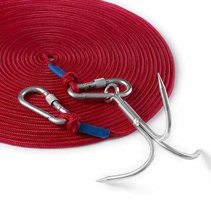 Grapple Hook with Rope-Includes Nylon Rope 6/8/10mm 50FT,Functional Grappling Hook and Double Carabiner,for Magnet Fishing/Drag/Tree Limb Removal - style: Middle+1/4″rope-red