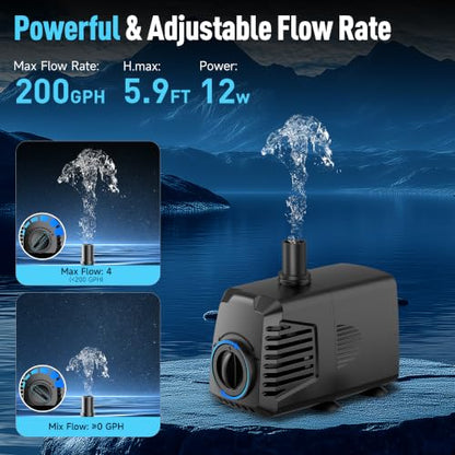 200GPH Submersible Water Pump, Water Fountain (700L/H, 12W) with 5.9FT High Lift Adjustable & 3 Nozzles & 9.8FT Cord, Ultra Quiet Aquarium Pump for Pond Fountain Waterfall Hydroponics-Q102 - size: 200GPH