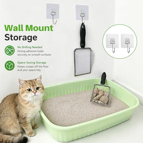 2 Pack Cat Litter Scoop with 3.8mm & 5mm Mesh – Stainless Steel Kitten Litter Scoop with 2 Adhesive Hooks, Metal Cat Poop Scooper for All Litter Types, Efficient Sifting & Easy Cleaning for Litter Box