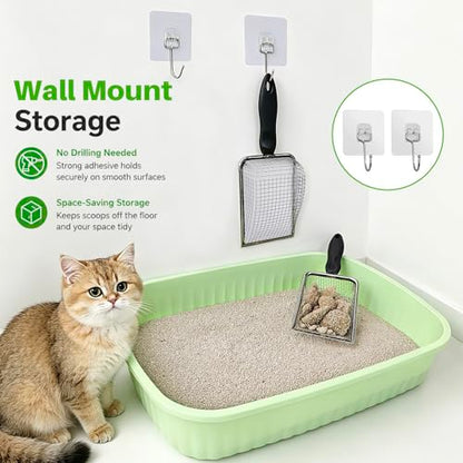 2 Pack Cat Litter Scoop with 3.8mm & 5mm Mesh – Stainless Steel Kitten Litter Scoop with 2 Adhesive Hooks, Metal Cat Poop Scooper for All Litter Types, Efficient Sifting & Easy Cleaning for Litter Box