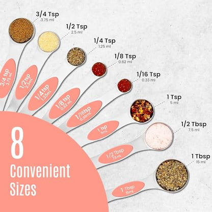 Magnetic Measuring Spoons Set of 9 Stainless Steel Dual-Sided Stackable Measuring Spoon Nesting Teaspoons Measuring Dry and Liquid Ingredients, Fits in Spice Jars Set of 9 (Peach) - color: Peach