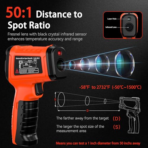 Infrared Thermometer Temperature Gun 2732°F 50:1 Pyrometer | Laser IR Temp Gun with K-Type Probe -4°F to 932°F for Furnace, Kiln, HVAC, Engine Diagnostics, Industrial Maintenance - color: -58°F to 2732°F/-4°F to 932°F