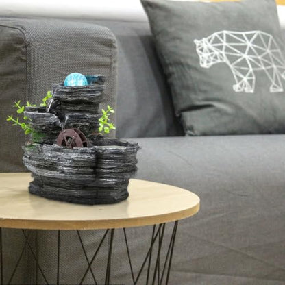 Tabletop Water Fountain, Resin Water Wheel, LED Light,Soothing Sound | Circulating water flow; indoor décor accent; planter space; easy on/off switch; calming desktop centerpiece,Ambient Light
