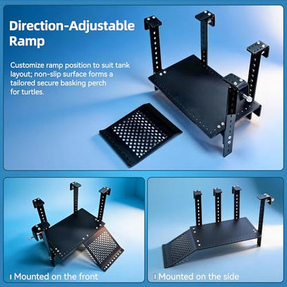 Adjustable Hanging Acrylic Turtle Basking Platform 12x7 for 0.3-2" Tanks | Black acrylic turtle dock with ramp fits 0.3"-2" thick aquarium rims. Acrylic basking platform for aquatic tanks. - size: 12'' x 7''
