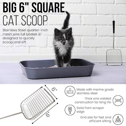 Sand Dipper Cat Poop Scooper & Chicken Poop Scooper - Rugged Big 6" Square Stainless Steel Long Handle for Home Kitty Litter Scoop & Farm Chicken Coop Scooper (Mid-Adjustable) - size: 6 - Mid-Adjustable