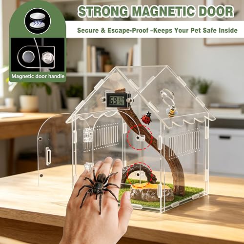9-in-1 Acoustic Jumping Spider Enclosure Kit, 8"x8"x12" Magnetic Door with Feeding Hole Terrarium for Praying Mantis Tarantula Arboreal Reptile Habitat, Complete Accessories Set