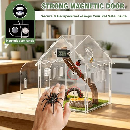 9-in-1 Acoustic Jumping Spider Enclosure Kit, 8"x8"x12" Magnetic Door with Feeding Hole Terrarium for Praying Mantis Tarantula Arboreal Reptile Habitat, Complete Accessories Set
