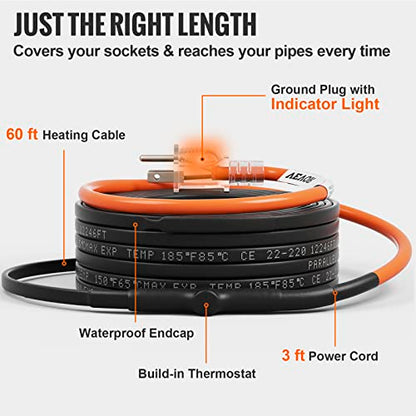 VEVOR Self-Regulating Pipe Heating Cable, 60-feet 5W/ft Heat Tape for Pipes Freeze Protection, Protects PVC Hose, Metal and Plastic Pipe from Freezing, 120V - size: 60 Feet