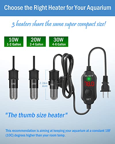 AquaMiracle Mini Aquarium Heater 10W Small Fish Tank Heater for 1-2 Gal Tanks, Digital Display Thermostat Betta Heater with Dry-Run & Overheat Protection, Memory Function - size: ≤ 2 Gal Tanks
