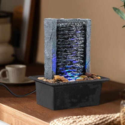 Tabletop Fountain Indoor Waterfall Rock Fountain LED-Lights Water Feature Waterfall for Modern Home and Office Indoor Decoration
