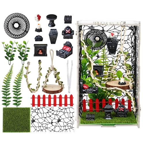 Jumping Spider Enclosure Kit 22pcs Terrarium with Decor | Magnetic sliding lid and front door - color: Green-Gothic