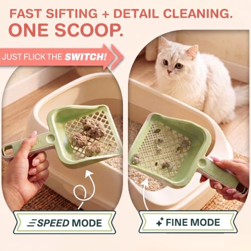 Sprinkle & Sweep: Speed Sifter Switch - Cat Litter Scooper, 2-in-1 Design: Speedy & Fine Modes, Washable Base Stand, Heavy Duty Pet Waste Removal Tool