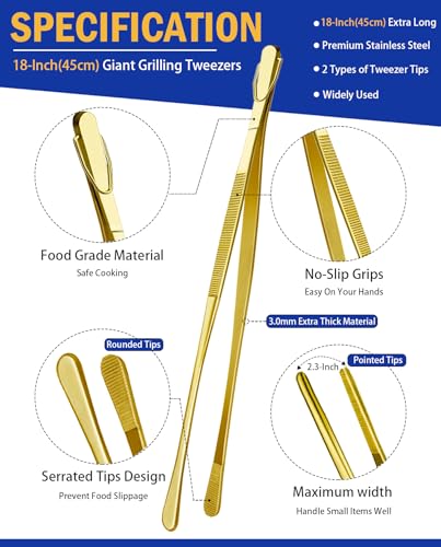 JETKONG 2 Pcs 18 Inch (45cm) Stainless Steel Grill Tongs Heavy Duty Giant Tweezer Tongs, Extra Large Tweezers Tools for Cooking, Grilling, BBQ and Turning Food (Gold) - color: Gold, size: 18+18 Inch