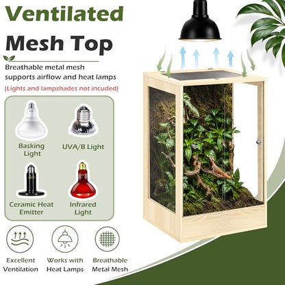 18" x 18" x 32" Tall Reptile Terrarium, 45 Gallon Glass Chameleon Cage, Vertical Crested Gecko Tank with Ventilated Mesh Top, Front Opening Rainforest Habitat, Oak - color: Oak, size: 18" L x 18" W x 32" H, 45 Gallon