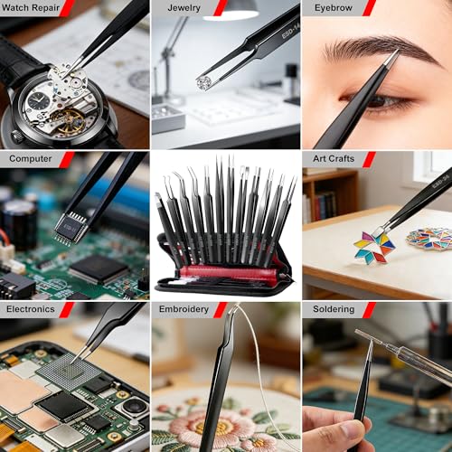Antonki 12-in-1 Precision Metal Tweezers Set with Leather Case | High Quality, 1.5mm Thick, Strong Hardness, Rustproof, Anti-Static, Tips Cover, Complete Set, Portable Design - color: Precision Tweezers 12 Pack W/ Case - Black