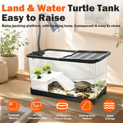 Turtle Aquarium with Lamp, High Transparent with Drain Hole & Protective Top, All-in-one Reptile Terrarium Kit with Basking Light, Hideout & Multi-Area Habitat for Small Tortoise Amphibian