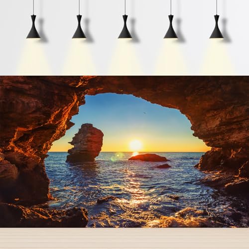 Ocean Rock Cave Aquarium Background Sunrise Ocean Beach Seaside Fish Tank Background Tropical Sunset Seashore Blue Sky Terrarium Backgrounds Stunning Seascape Reptile Tank Backgrounds 24x12in - color: Light Blue, size: 24(W)x12(H)in