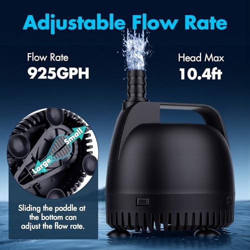 hygger 925GPH Submersible Pump Aquarium, Fish Tank Water Pump Adjustable Flow with 2 Nozzles, 10.4 ft High Lift Quiet Fountain Pump for Aquarium, Pond, Hydroponics, Water Garden - size: L